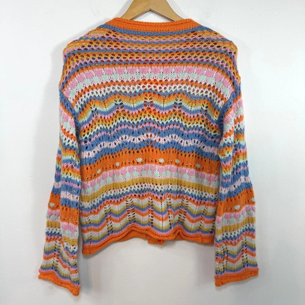 Rainbow Crochet Knit‎ Cardigan Orange Blue Chevron Boho Festival Summer Sz S / M